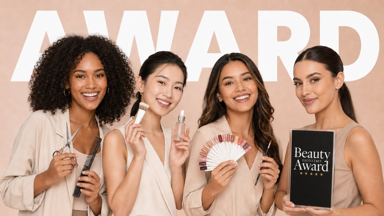 Vier Beauty-Professionals mit Schere, Pinsel, Serum und Nagelfächer vor dem Schriftzug AWARD