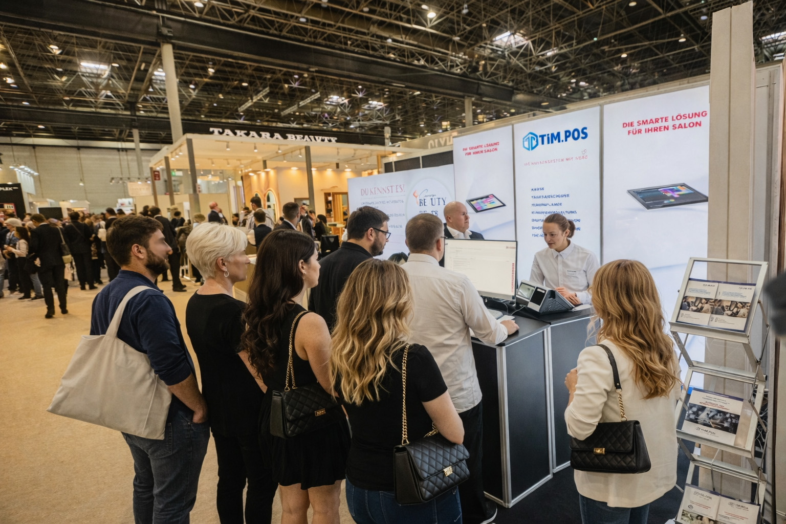 Blick auf den Stand von TiM.POS auf der Messe Top Hair 2026 — Beraterin erklärt einer Gruppe von Messebesucher*innen das Terminal der Kassensoftware TiM.POS