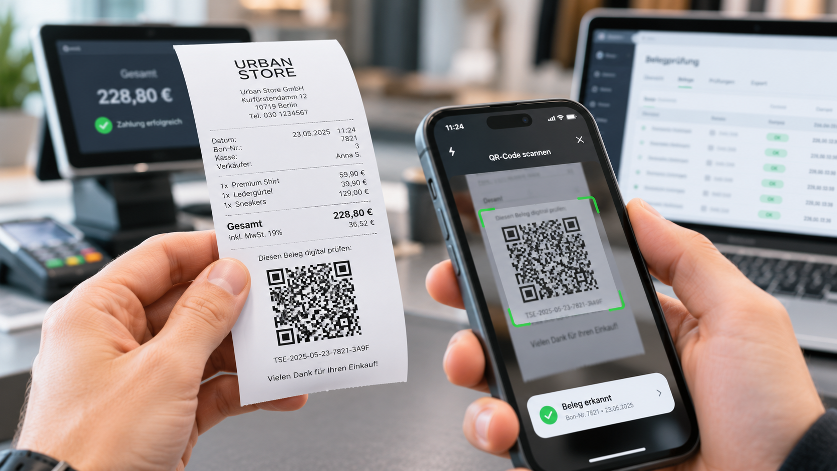 Nahaufnahme eines Kassenbons mit QR-Code, der von einem Smartphone gescannt wird — sachlich und professionell.
